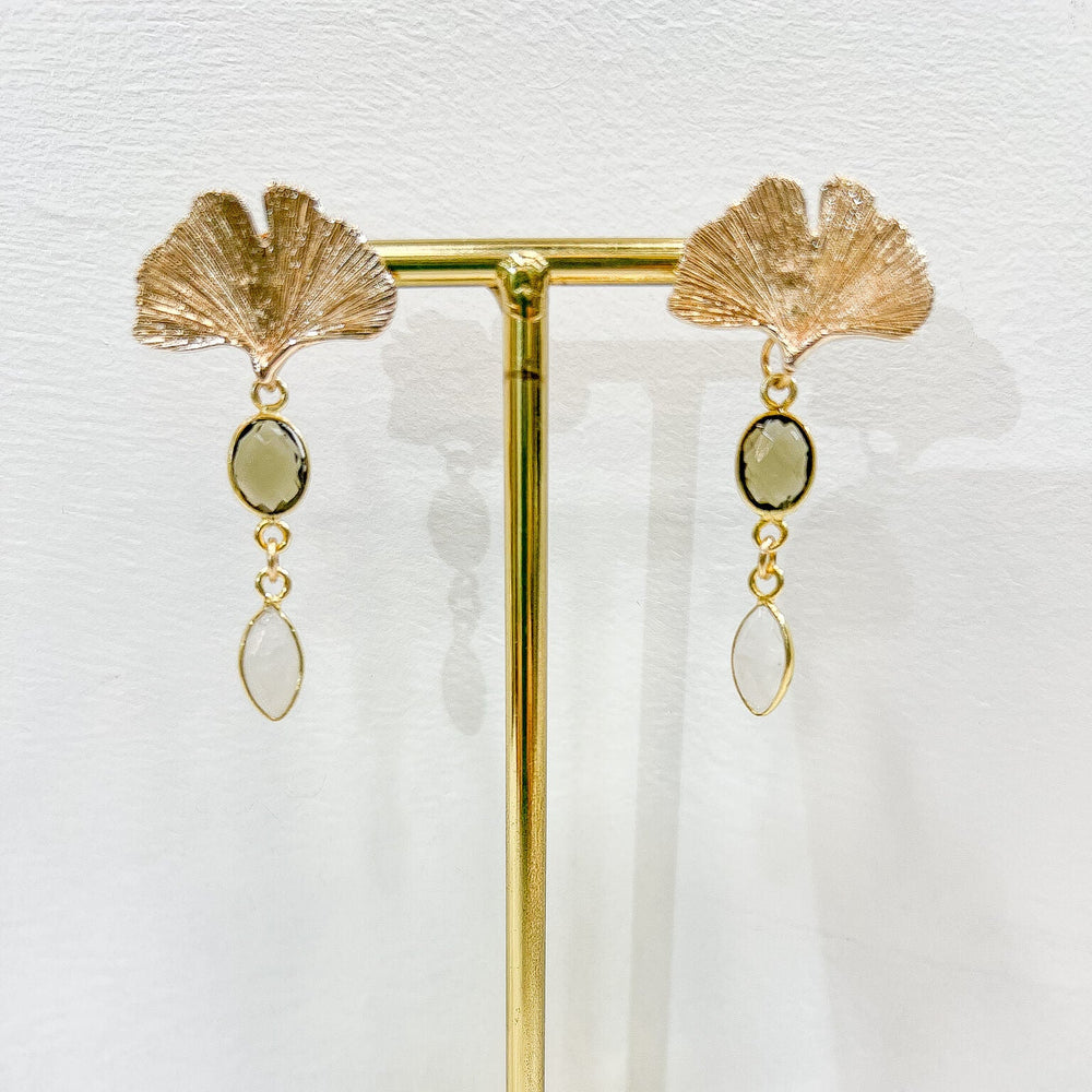 Boucle d'oreilles pendantes Ginkgo - Pierre de lune et quartz fumé