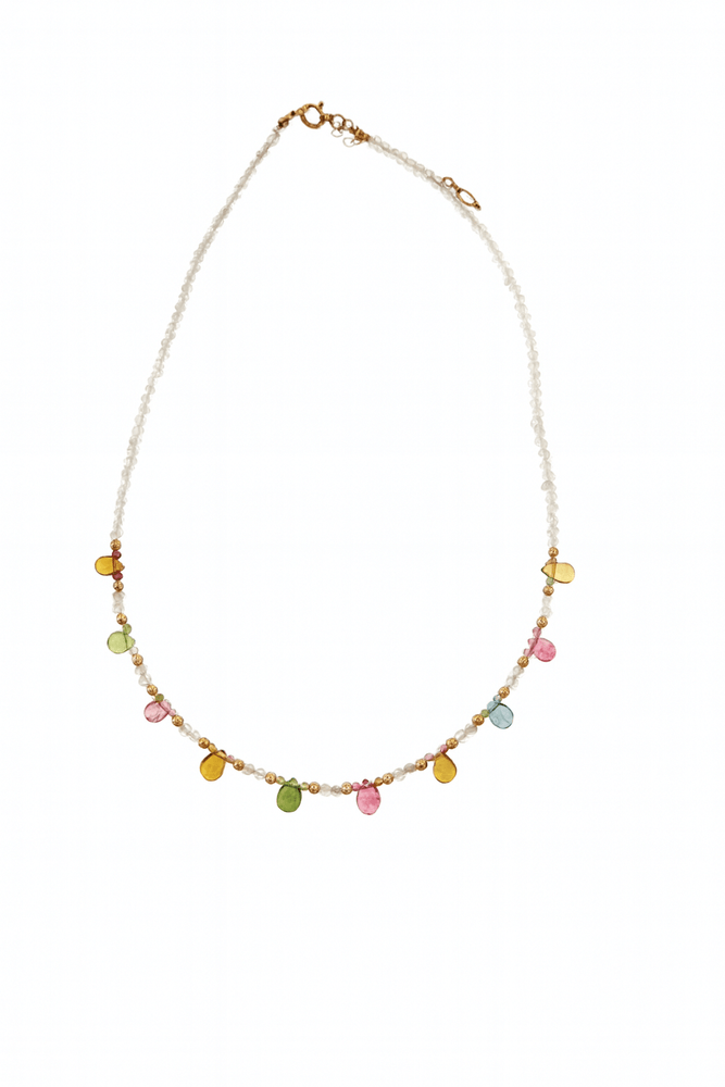 Élégant collier en labradorite et tourmalines multicolores. Fait main en plaqué or. Bijou naturel, énergétique et raffiné pour femme