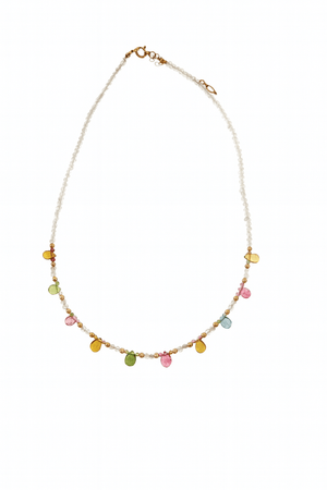 Élégant collier en labradorite et tourmalines multicolores. Fait main en plaqué or. Bijou naturel, énergétique et raffiné pour femme
