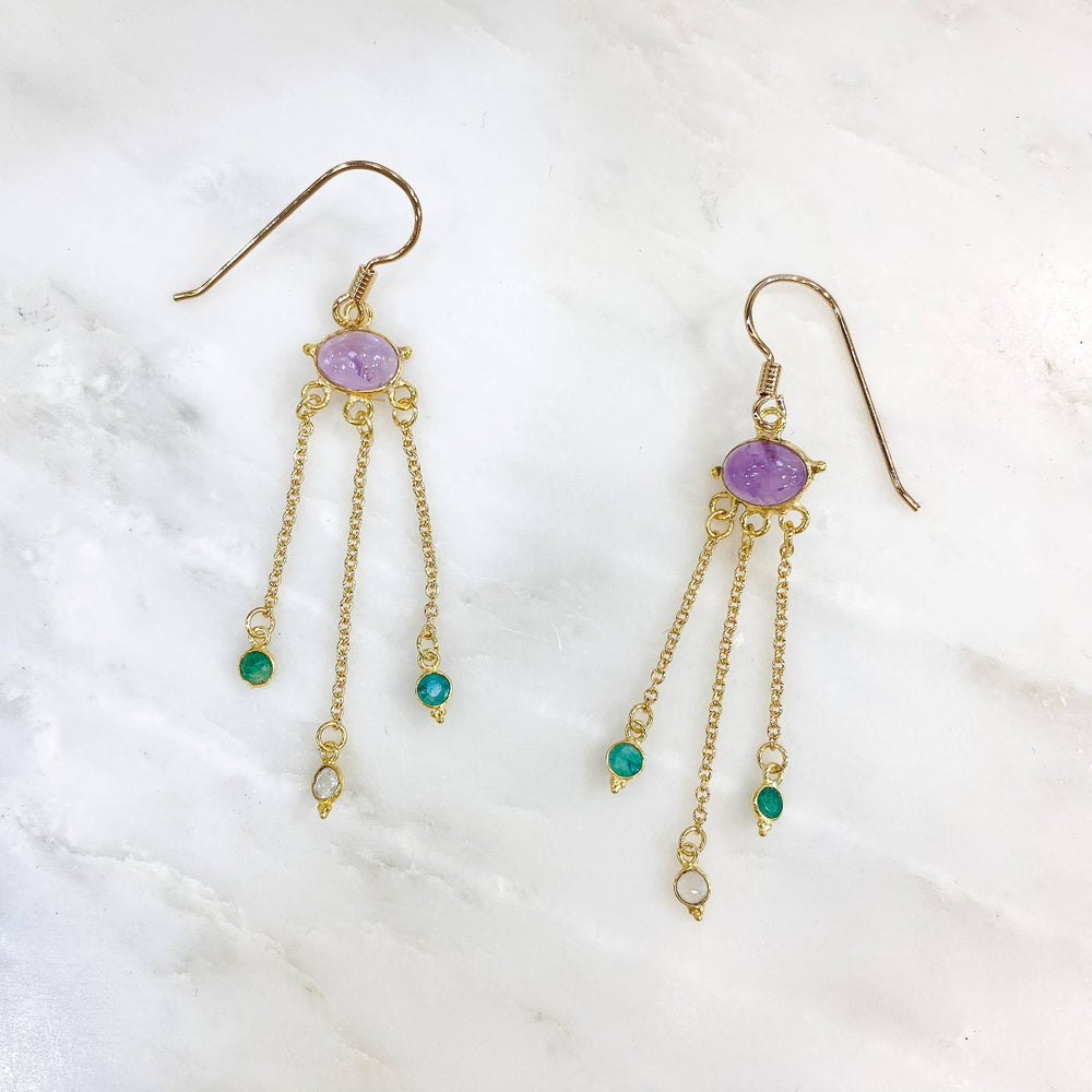 boucles d'oreilles pendantes améthyste onyx vert pierre de lune