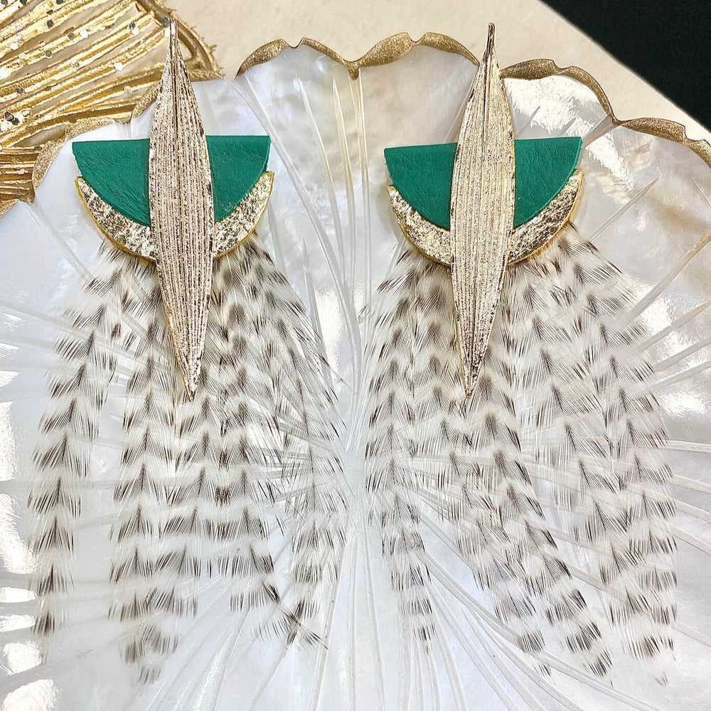 Boucles d'oreilles plume et cuir Lyre vert - LADY AMHERST