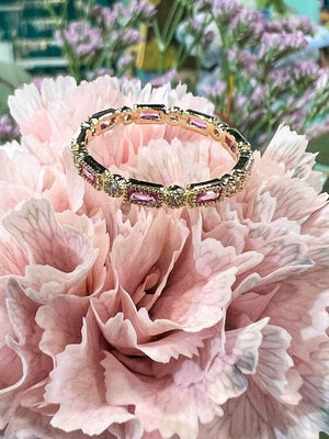 Bague anneau pavée zircon et pierre rose cubique en plaque or