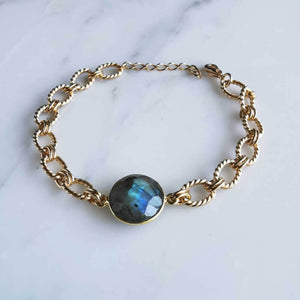 Bracelet maille et pierre semi précieuse Labradorite - plaque or- bijou créateur
