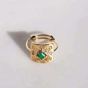 Bague Aztèque réglable plaqué or - onyx vert - Au fil de lo