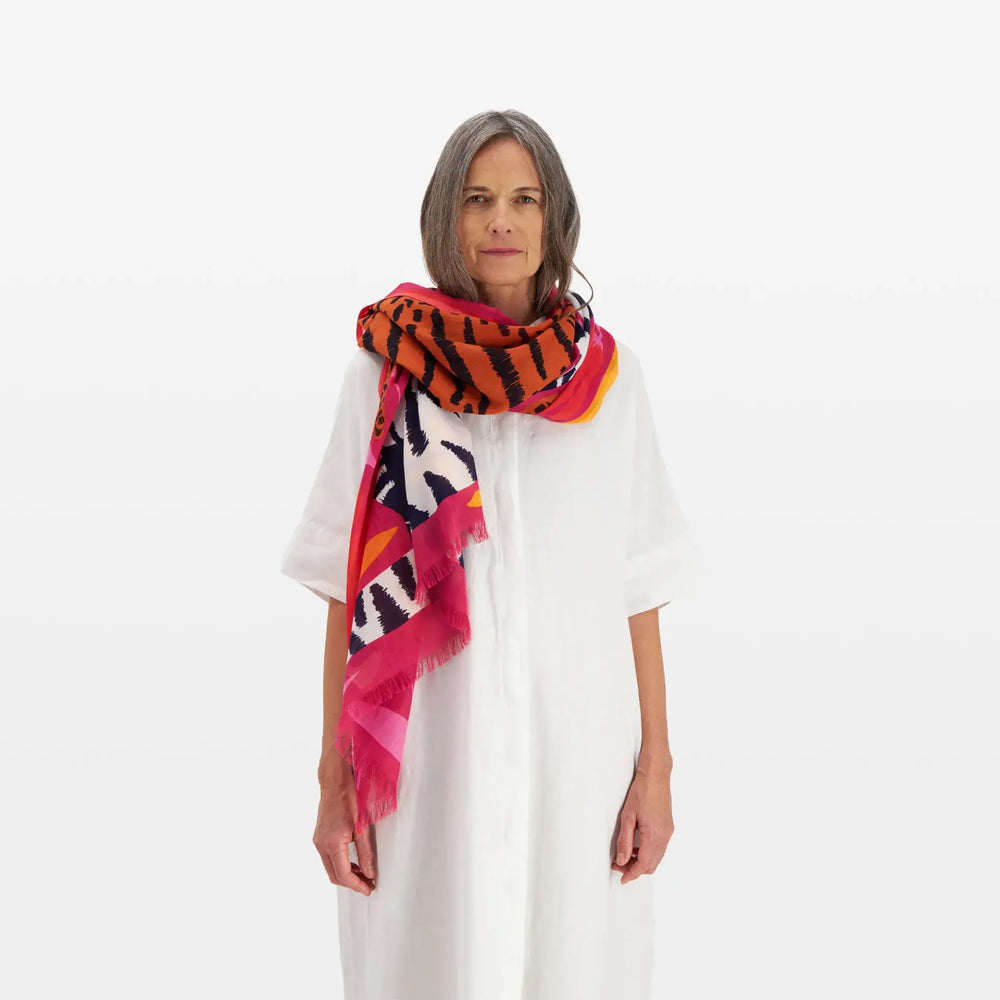 Etole Folk - Rose - Inoui - Foulard en coton imprimé Tigre et Zèbre