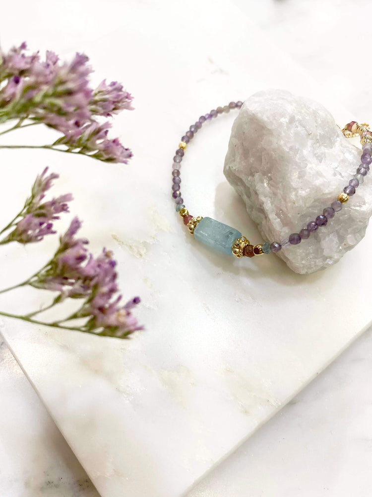 Bracelet pierres fines Aqua marine et améthyste 