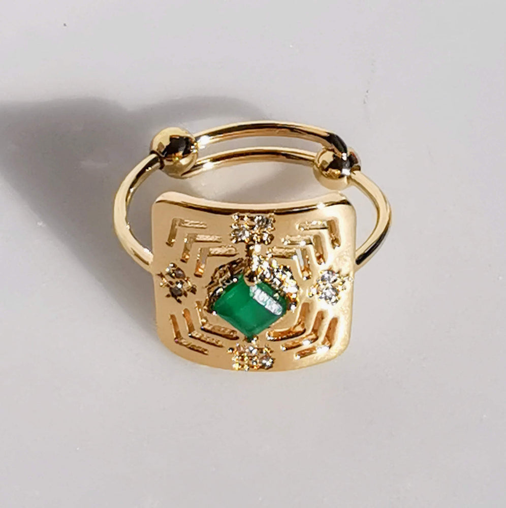 Bague Aztèque réglable plaqué or - onyx vert - au fil de lo
