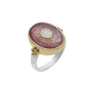 Bague ovale CANYON ethnique - Argent et Quartz fraise / pierre de lune  - pierre semi-précieuse - Bobart Bijoux créateurs