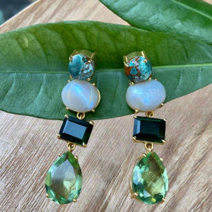 Bobart Bijoux - Boucles d'oreilles - Chrysocolle - Perle- Tourmaline - Amethyste verte