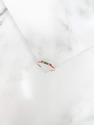 bague baguette verte et rose plaqué or