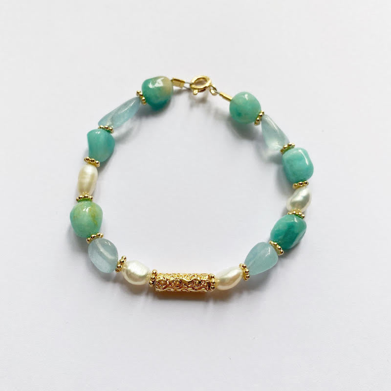 Bracelet Fidji - Calcédoine bleue, Agate turquoise, Nacre, Amazonite