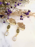 boucles d'oreilles gingko quartz fumé pierre de lune plaqué or