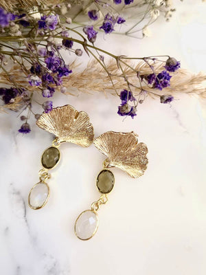 boucles d'oreilles gingko quartz fumé pierre de lune plaqué or