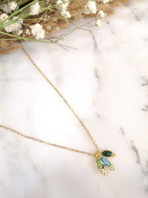 Collier 3 pierres Chrysoprase, topaze, malachite plaqué or