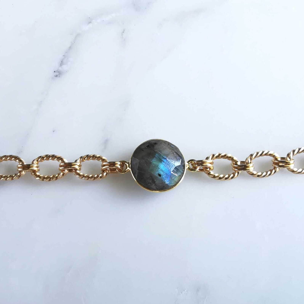 Bracelet maille et pierre semi précieuse Labradorite - plaque or- bijou créateur