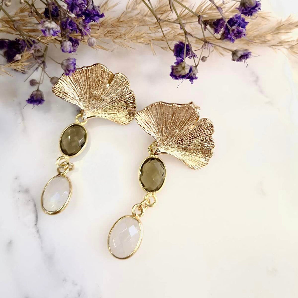 Boucle d'oreilles pendantes Ginkgo - Pierre de lune et quartz fumé