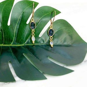 Boucles d'oreilles pendantes améthystes et pierre de lune