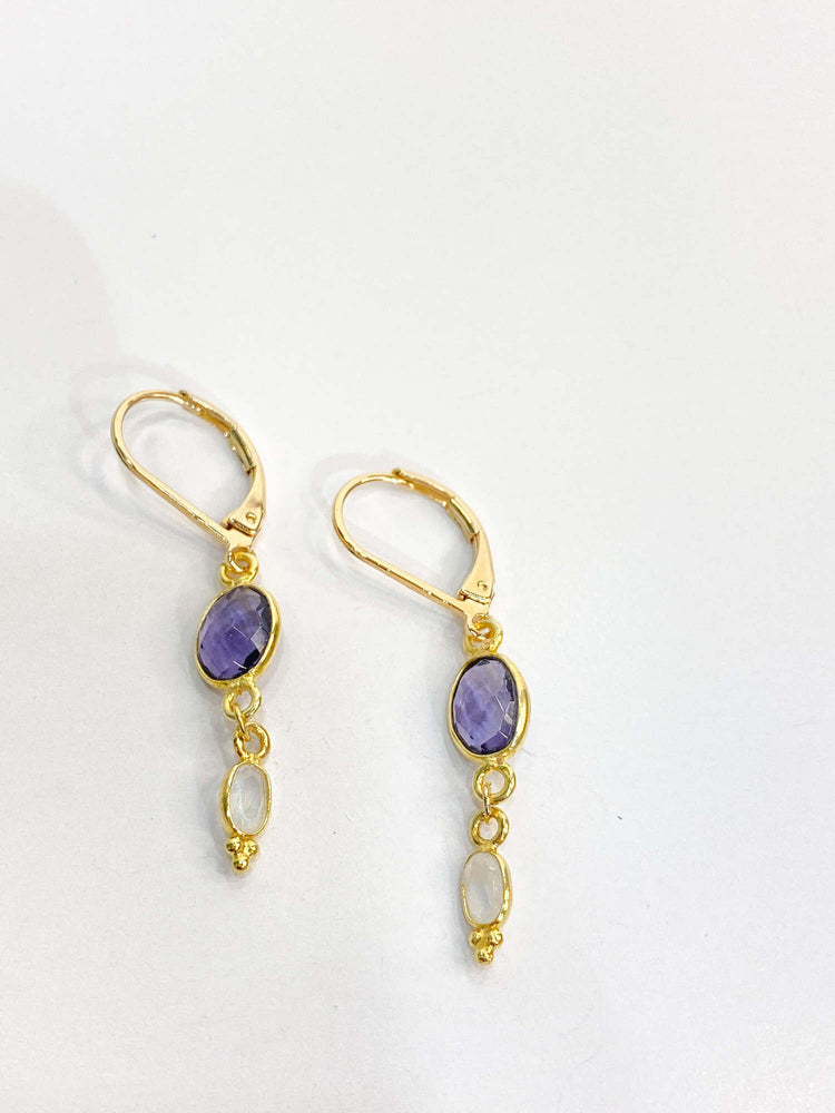 Boucles d'oreilles pendantes améthystes et pierre de lune