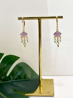 Boucles d'oreilles pendantes précieuses améthyste et topaze