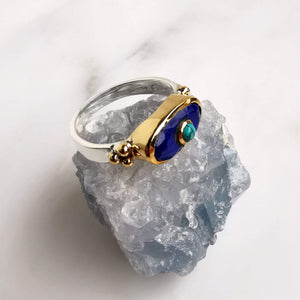 Bague rectangle en argent CANYOn  lapis lazuli et turquoise