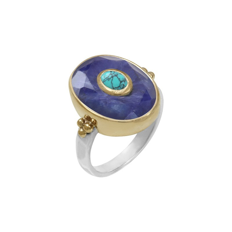 Bague PUNE ethnique - Sillimanite bleue et turquoise reconstituée