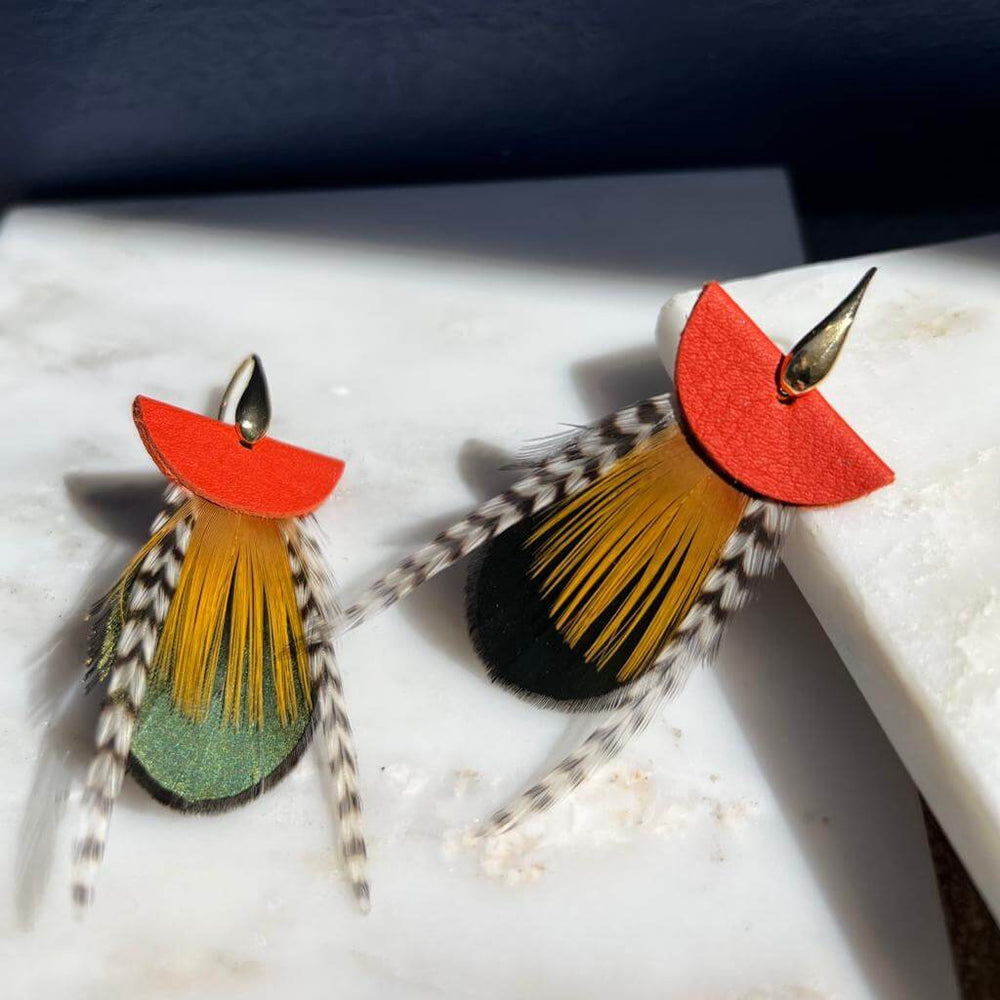 Boucles d'oreille Nomades Orange Lady AMHERST plume véritable