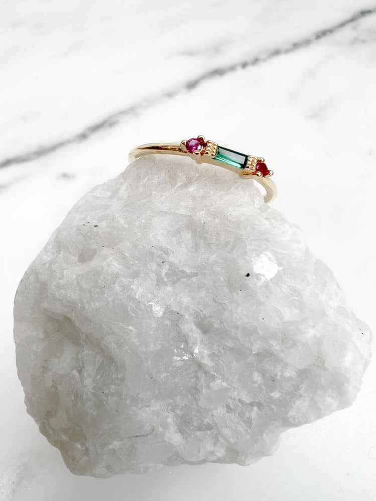 bague fine plaqué or vert et rose