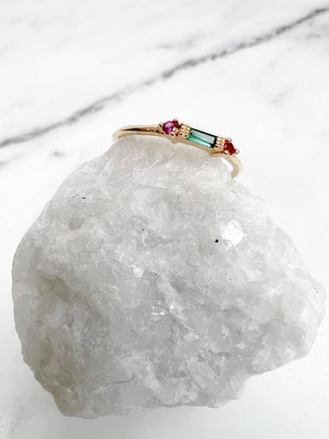 bague fine plaqué or vert et rose
