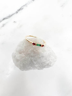 bague baguette fine couleur rose et vert plaque or