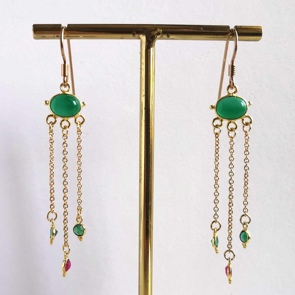boucles d'oreille style bollywood vert et rose pierres semie précieuse plaque or 3 microns bijou createur