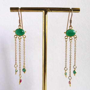 boucles d'oreille style bollywood vert et rose pierres semie précieuse plaque or 3 microns bijou createur