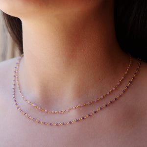 Collier inde - Une à Une - collier draguée rose et améthyste  - pierres fines