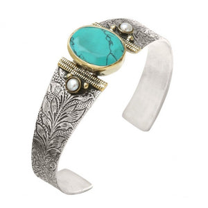 Jonc manchette CANYON ethnique argent et turquoise - Bobart Bijoux créateurs