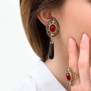 Satellite - Boucles d'oreilles clips festives onyx et turquoise I rouge